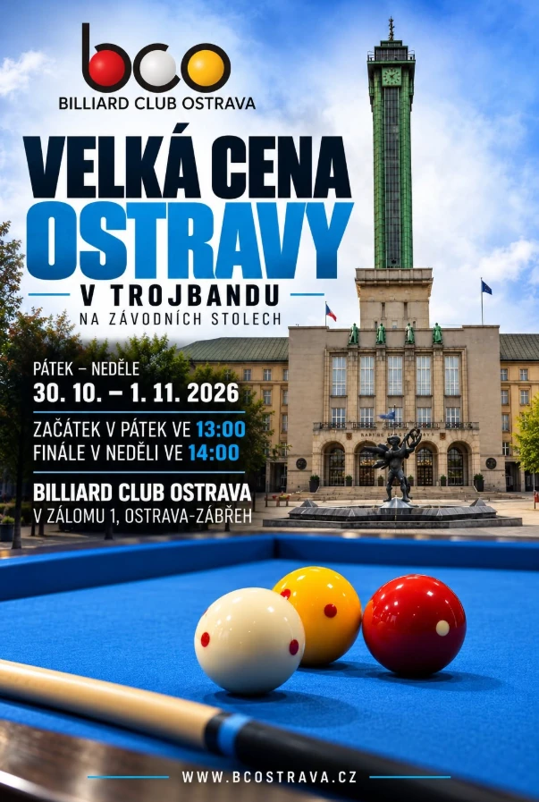 Oficiální plakát Velké ceny Ostravy 2026 v trojbandu: 30. října až 1. listopadu, BC Ostrava, V Zálomu 1